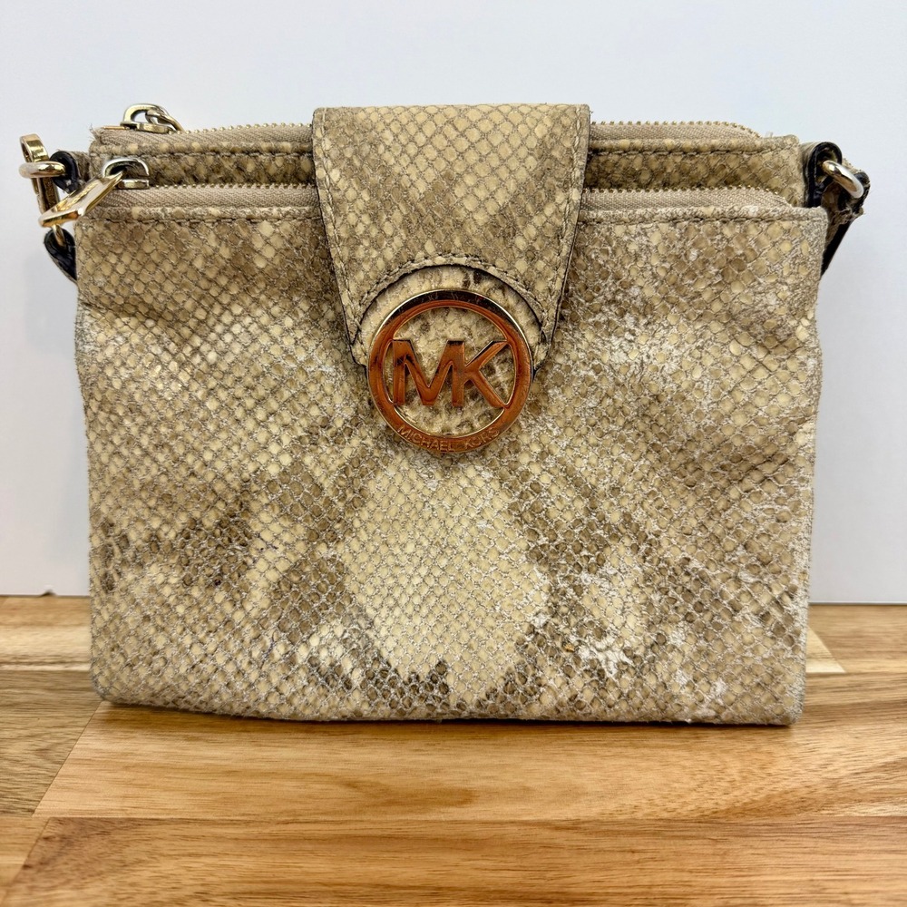 Michael Kors Snakeskin Embossed Leather Crossbody Bag Gold MK Logo Beige Tan